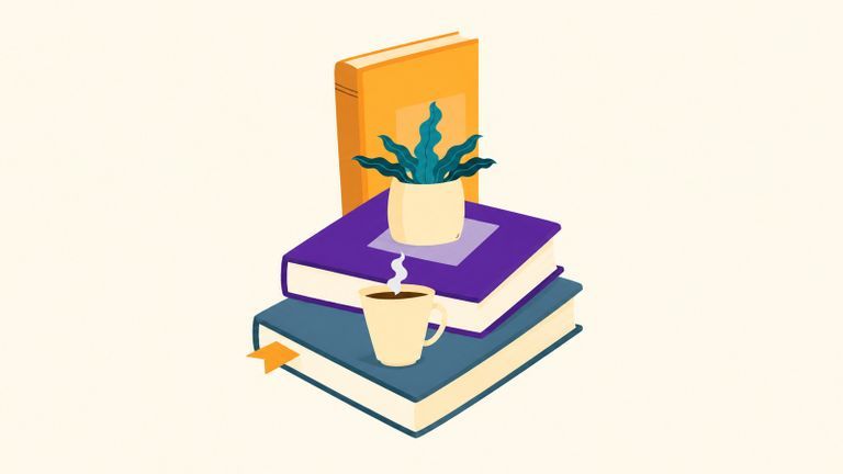 Illustration of a stack of books with a plant and coffee cup on top.