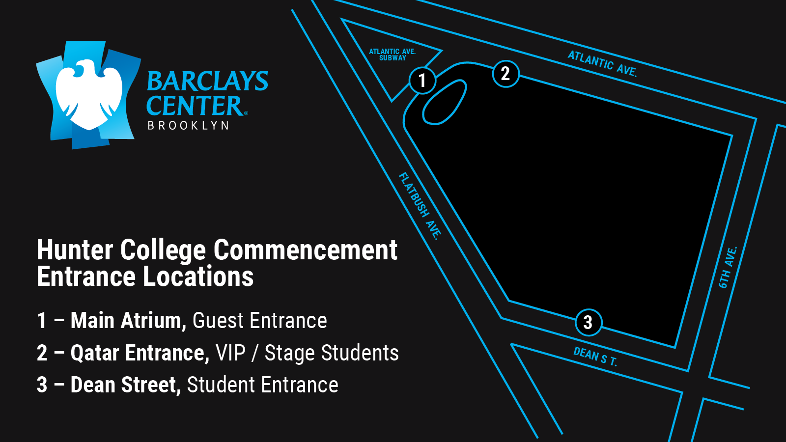 map of Barclays Center entrance locations for students, vip and faculty, guests