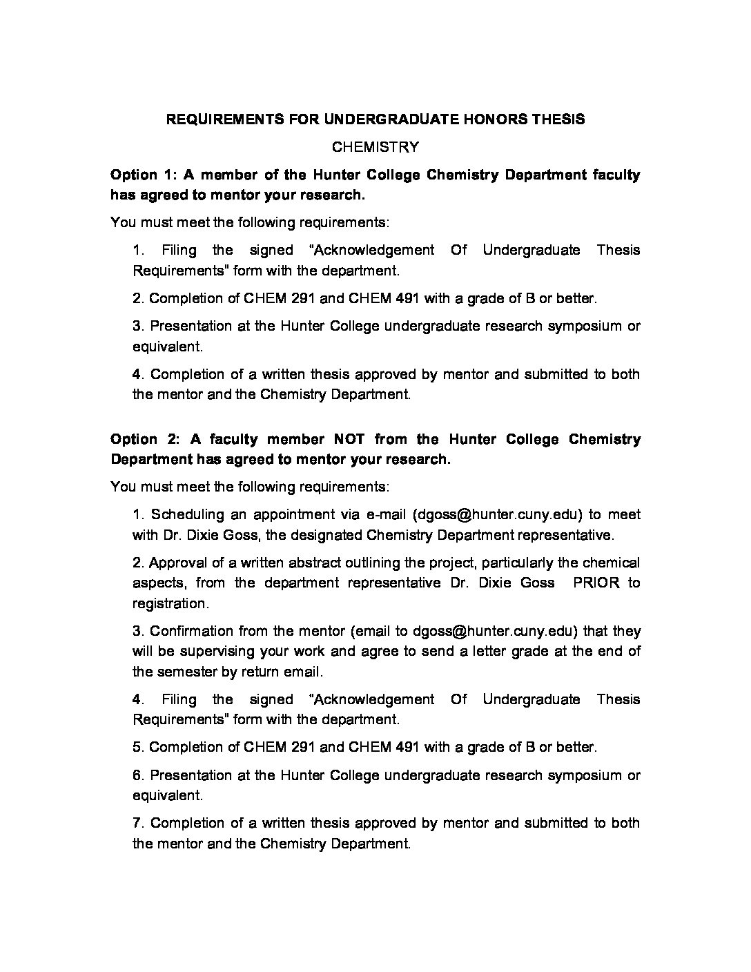 Hunter Chem Honors Requirements Hunter College