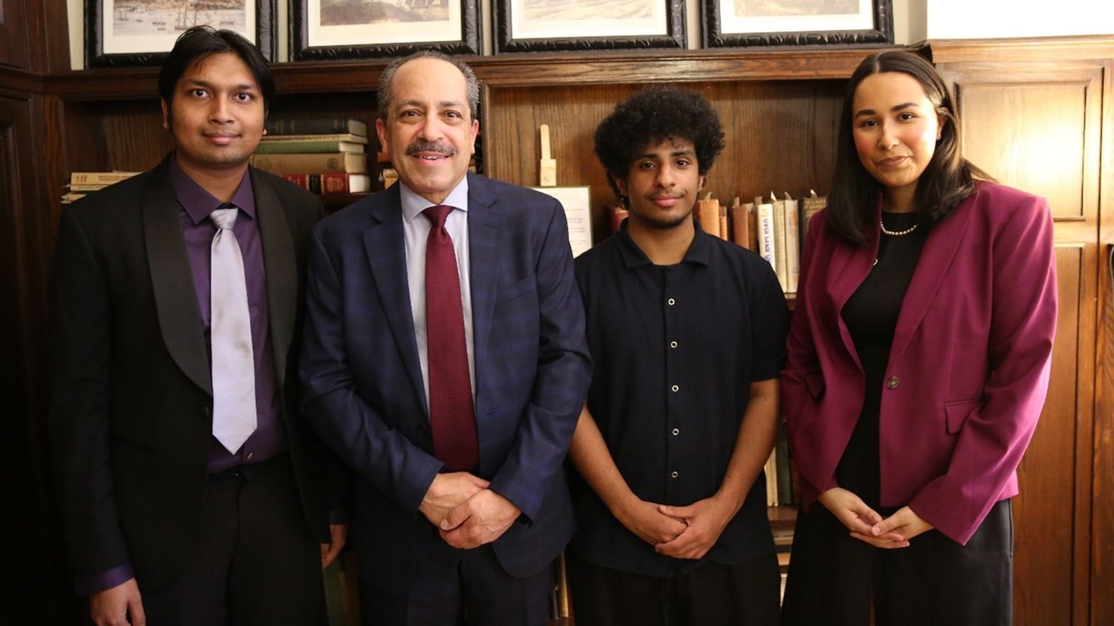From left, fellow JK Rajjo ’27, Judge Nelson Román, fellow Aymen Rasheed ’27, and Ariana Román.