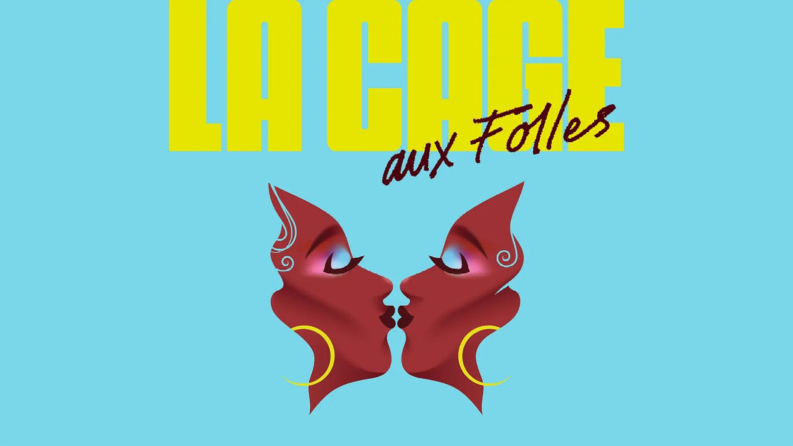 Mirror images of a woman's face next to the title "La Cage Aux Folles"