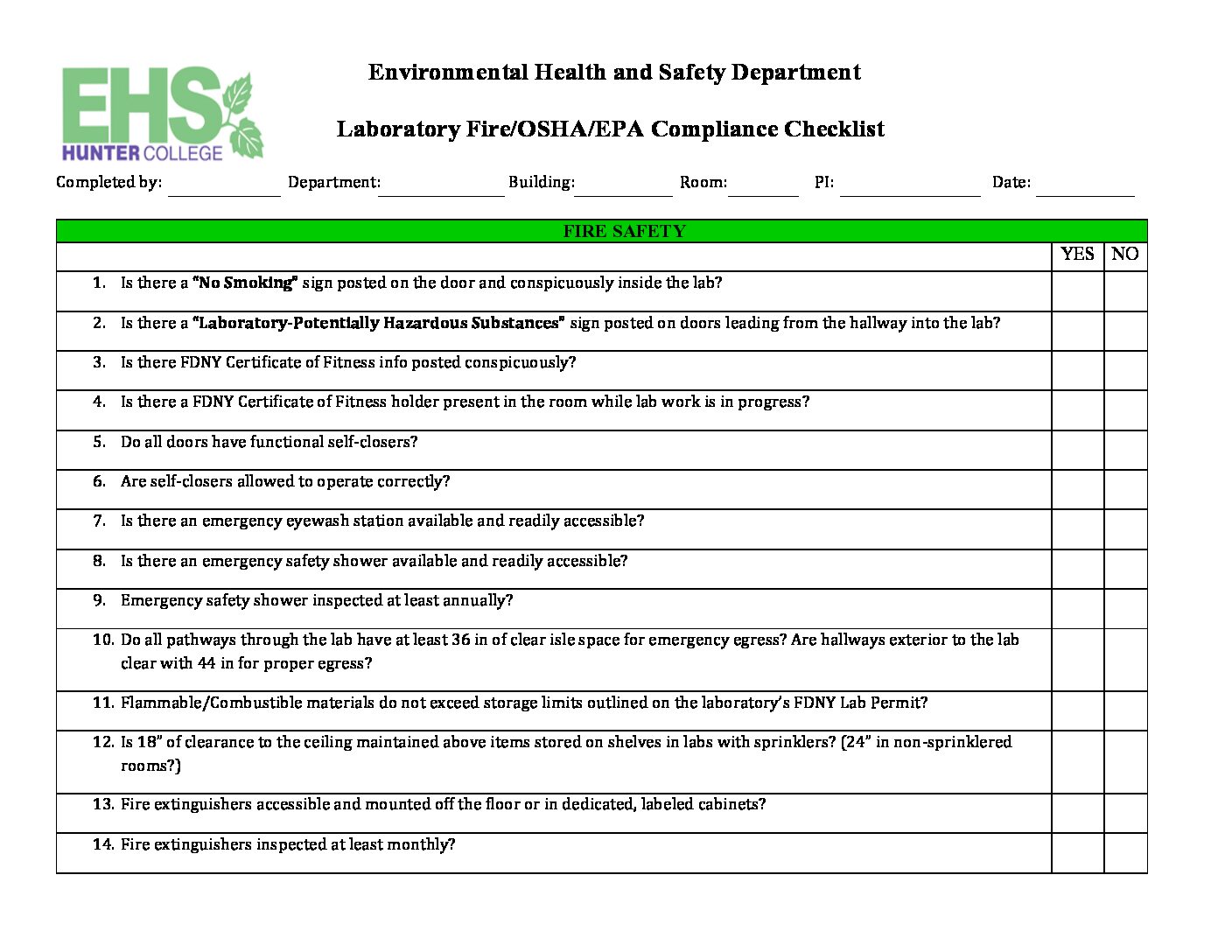 Lab Inspection Checklist