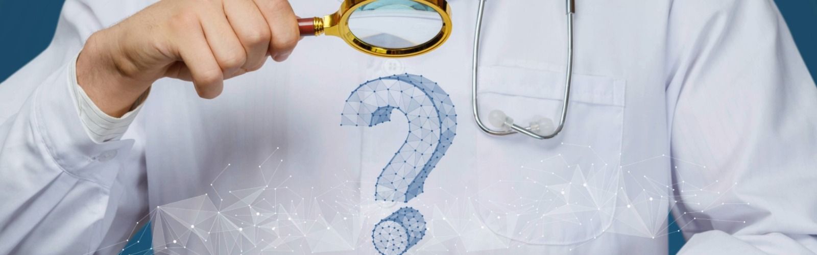 Person wearing a lab coat and using a magnifying glass on a question mark.