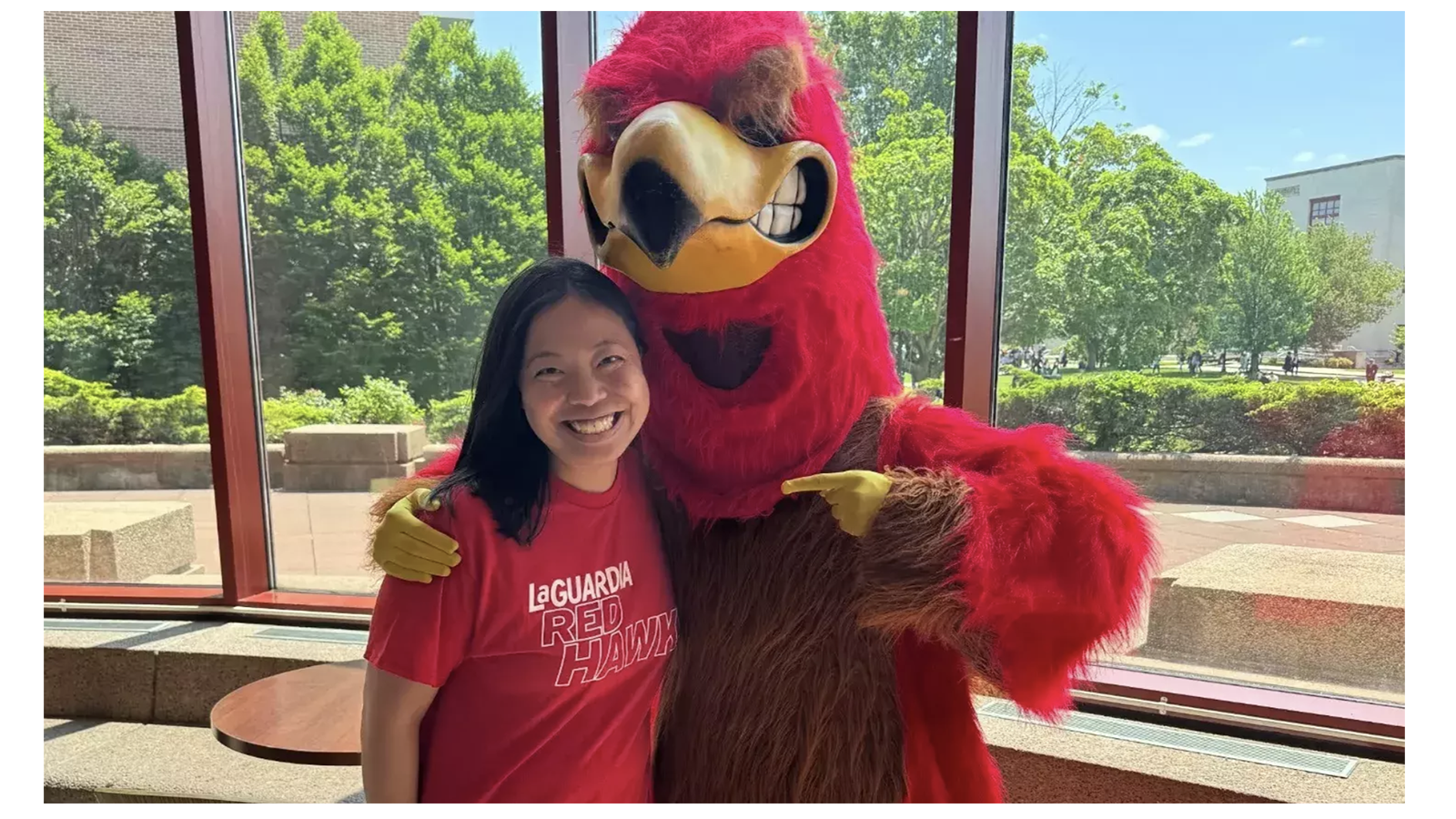 Claudia Chan and the Laguardia Community College mascot