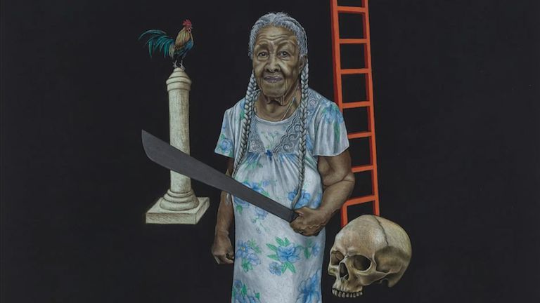 Image Credit: Selection from Las potencias anticoloniales en Puerto Rico (2023), by Shellyne Rodriguez, photo by Stan Narson, 5ft x 3ft, color pencil on black paper