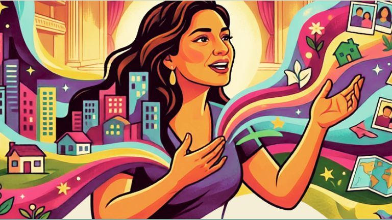 An illustration of a latina woman with colorful energy emanating from her filled with photos and homes.