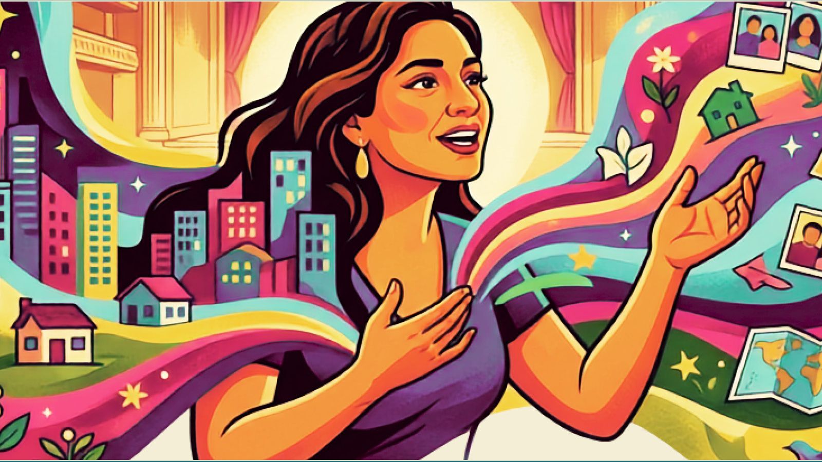 An illustration of a latina woman with colorful energy emanating from her filled with photos and homes.