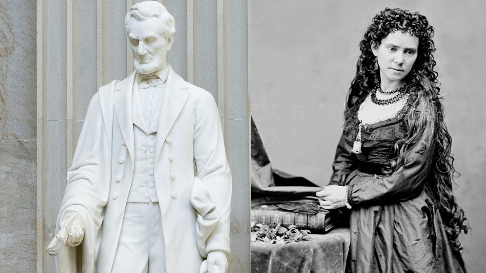 Sculptor Vinnie Ream, right, and her statue of Lincoln that stands in the U.S. Capitol.