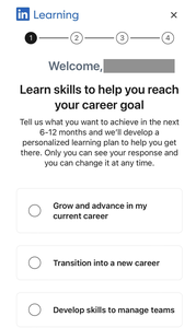 Screenshot of LinkedIn Learning profile setup step 1 depicting possible career goals