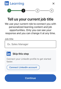 Screenshot of LinkedIn Learning profile setup step 2 requesting entry of current job title