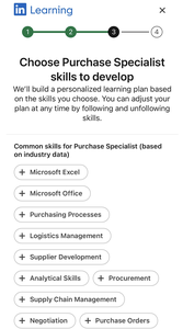 Screenshot of LinkedIn Learning profile setup step 3 asking you to select specific skills you'd like to develop (based upon the career goal you specified)