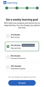 Screenshot of LinkedIn Learning profile setup step 4 asking you to set your weekly learning goal