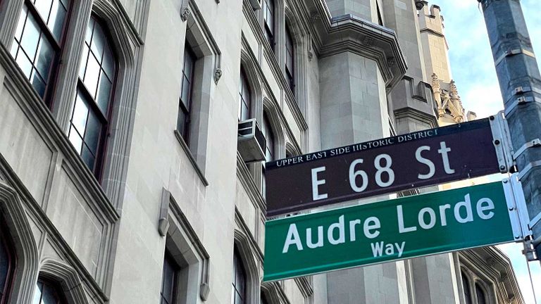 Audre Lorde Way sign with Thomas Hunter Hall