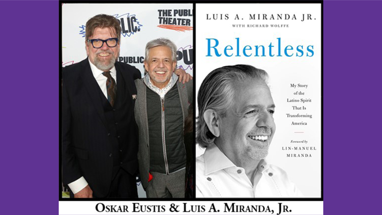 Oskar Eustis and Luis A. Miranda, Jr. in a photo next to the cover of the book 