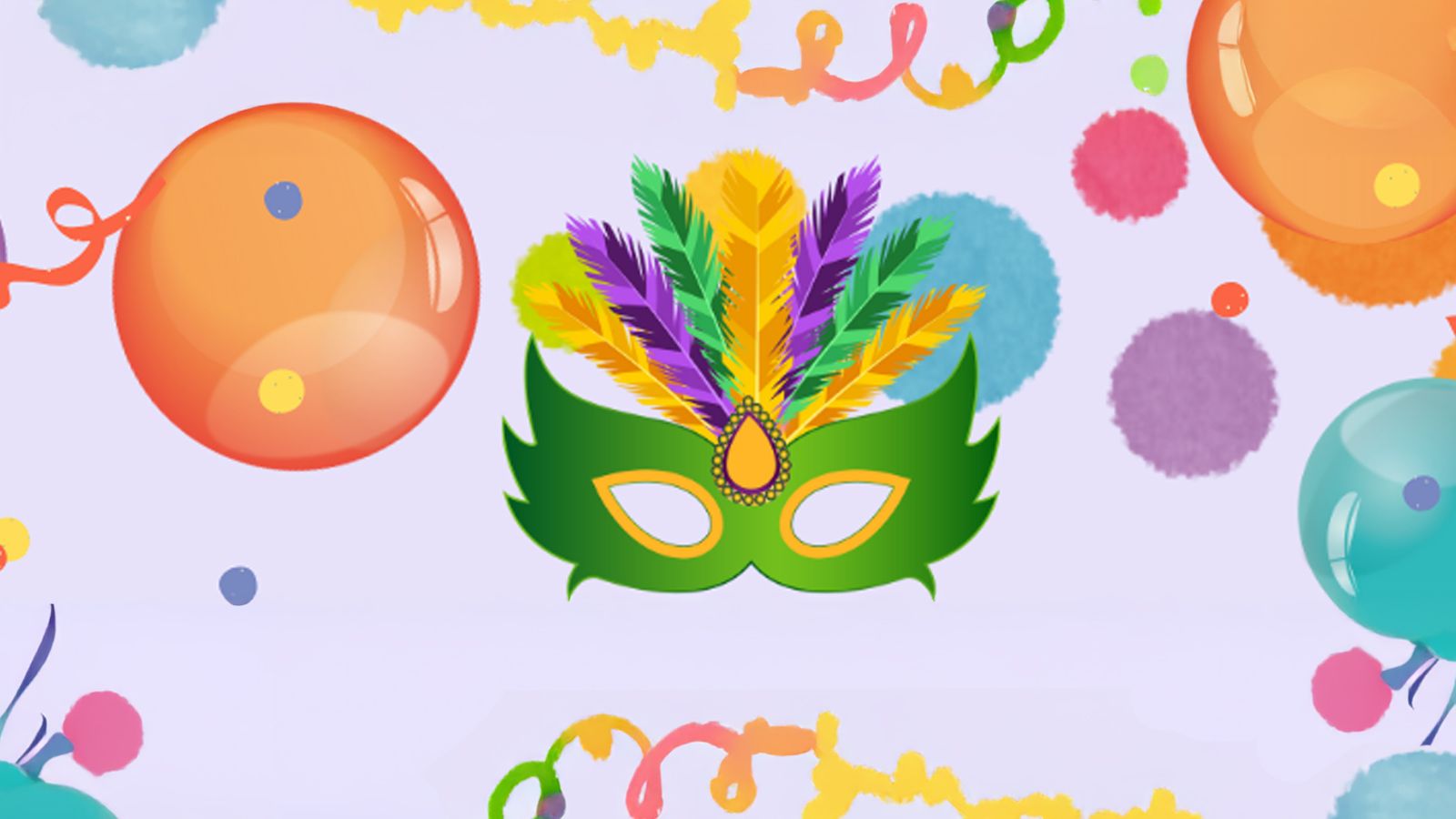 Graphic of mardi gras mask with balloons and confetti