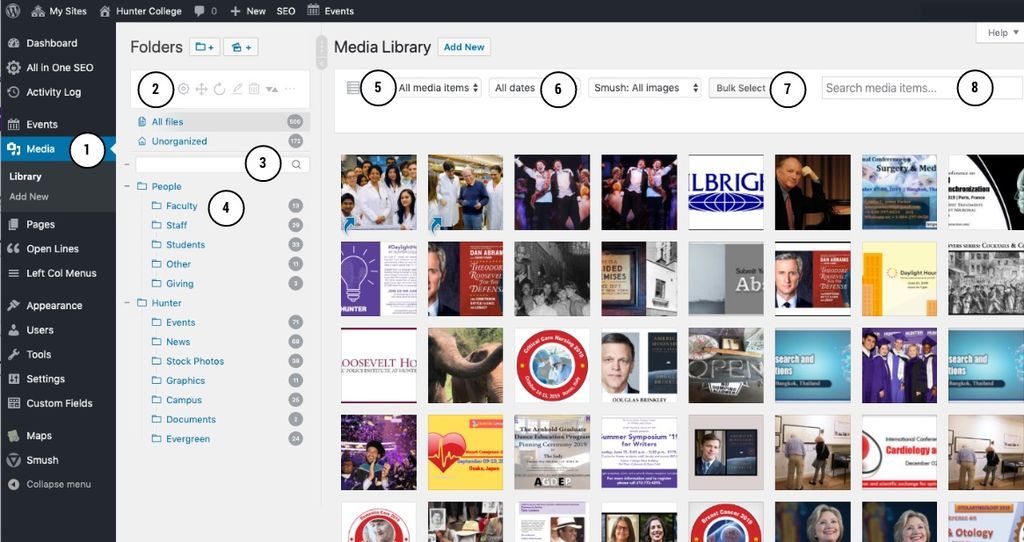 WordPress media library screenshot annotated