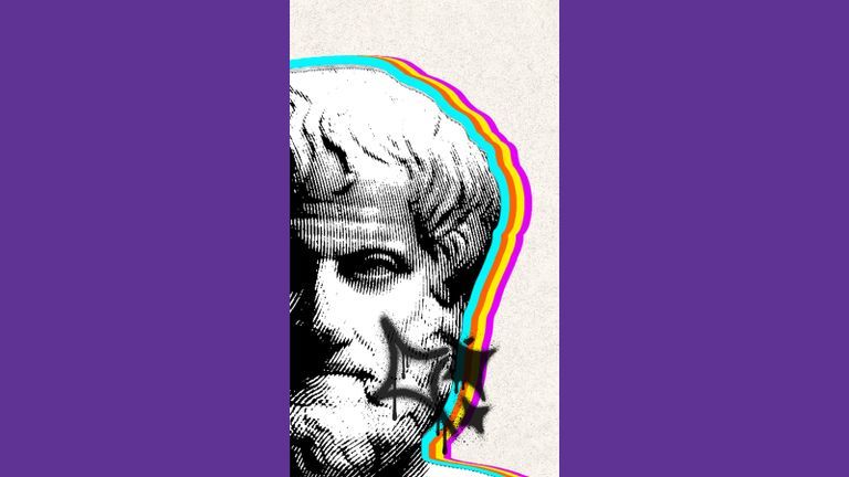 Black and white image of aristotle with multicolor shadows.