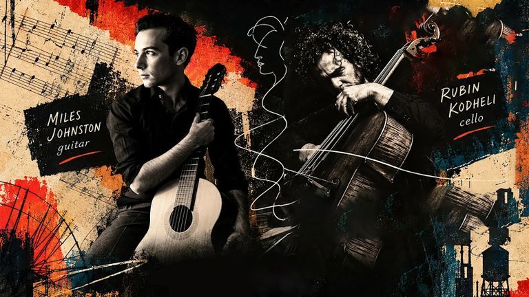 Collage style poster with black and white image of Rubin Kodheli and Miles Johnston.