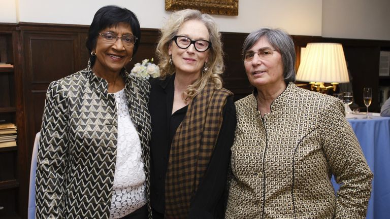 Navi Pillay, Meryl Streep, and Jessica Neuwirth at Roosevelt House posing for a picture.