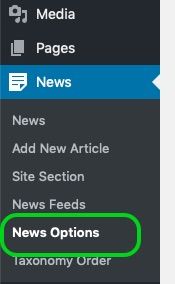 Screenshot of WordPress left navigation with 'News Options' circled.