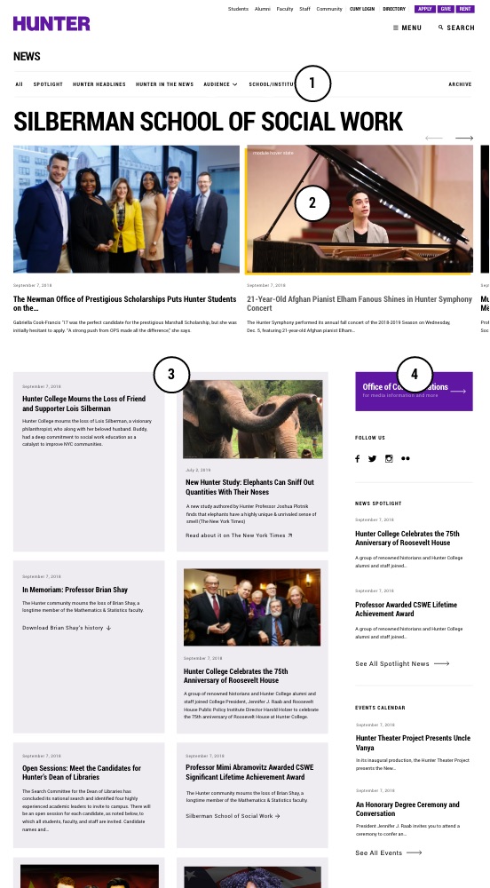 Annotated screenshot of Hunter news landing page