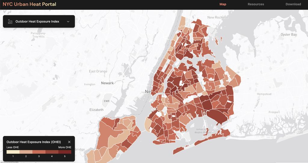 A heat map generated by the NYC Urban Heat Portal.