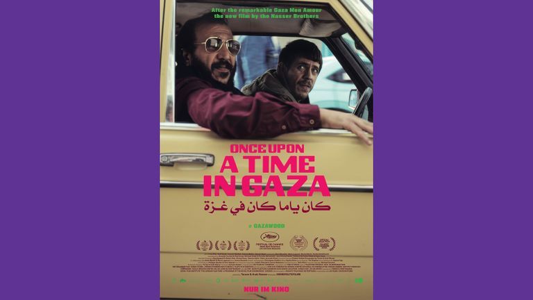 Post for the film Once Upon a Time in Gaza showing two men looking out of a car window.