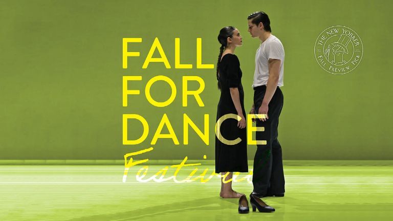 Dancers look into each others eyes on a green background.