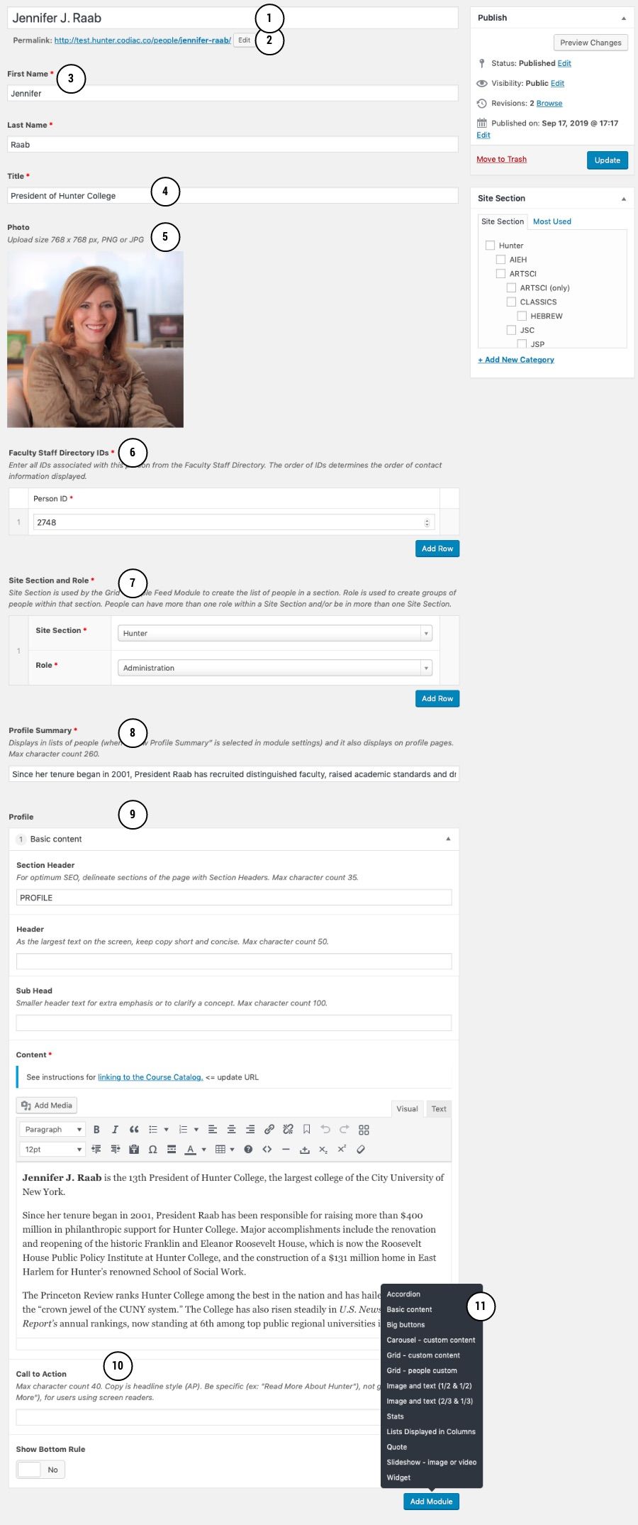 annotated screenshot of people profile wordpress cms