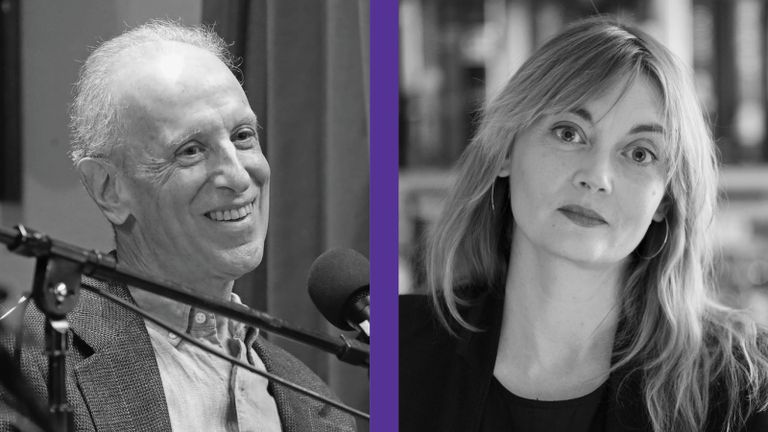 A photo of Randy Cohen while recording a podcast next to a headshot of Helen Shaw on a purple background.