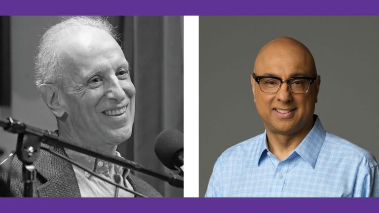Headshot of Randy Cohen and Ali Velshi on a purple background