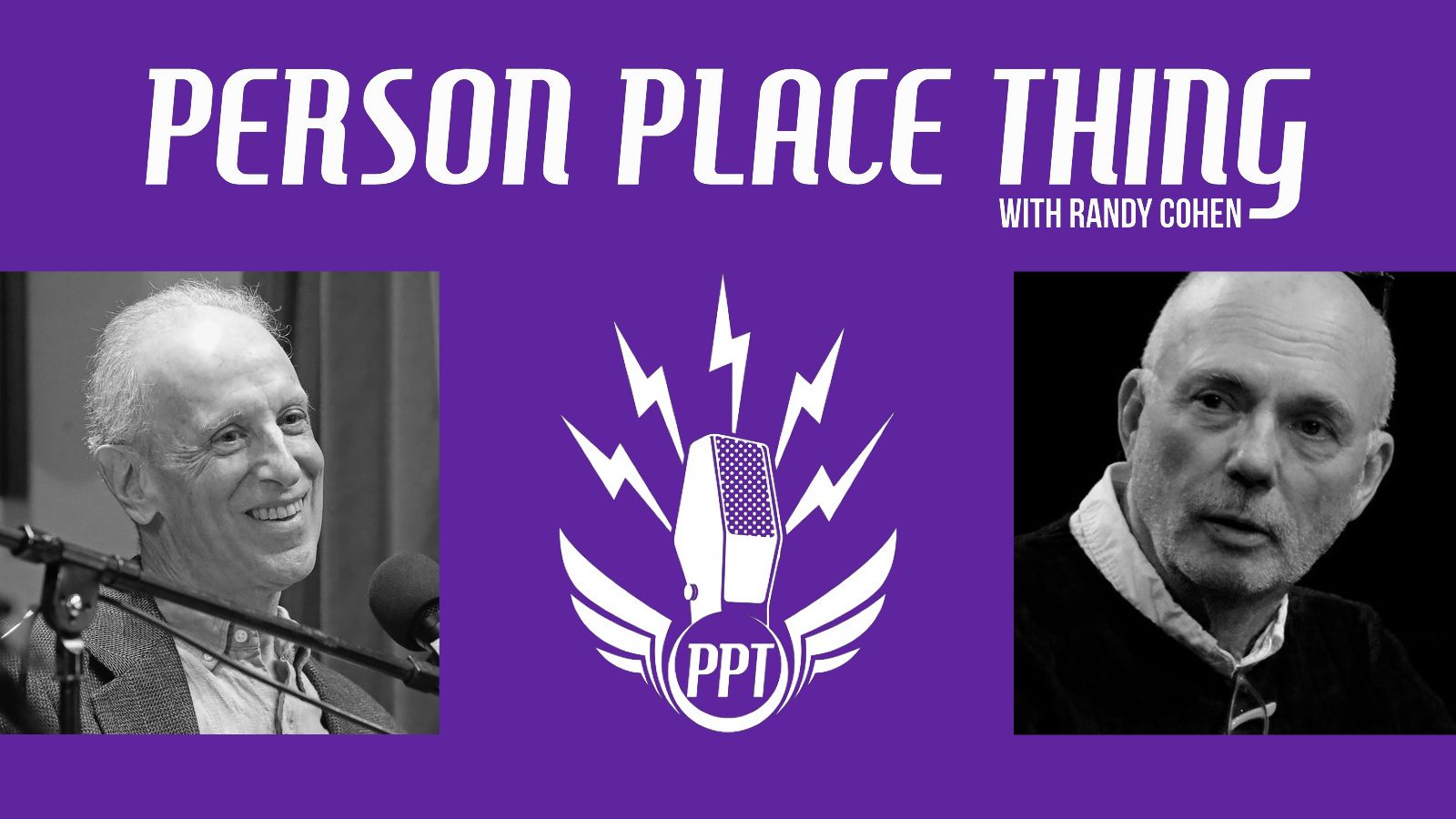 Photo of Randy Cohen, Gregory Mosher, and the Person Place Thing logo.