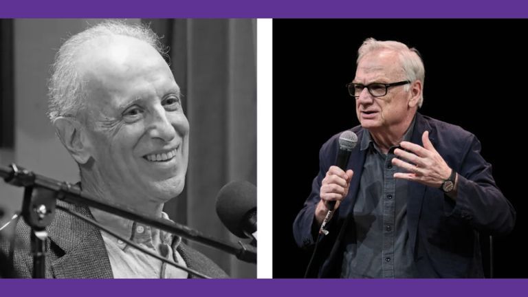 Headshot of Randy Cohen and Richard Nelson on a purple background.