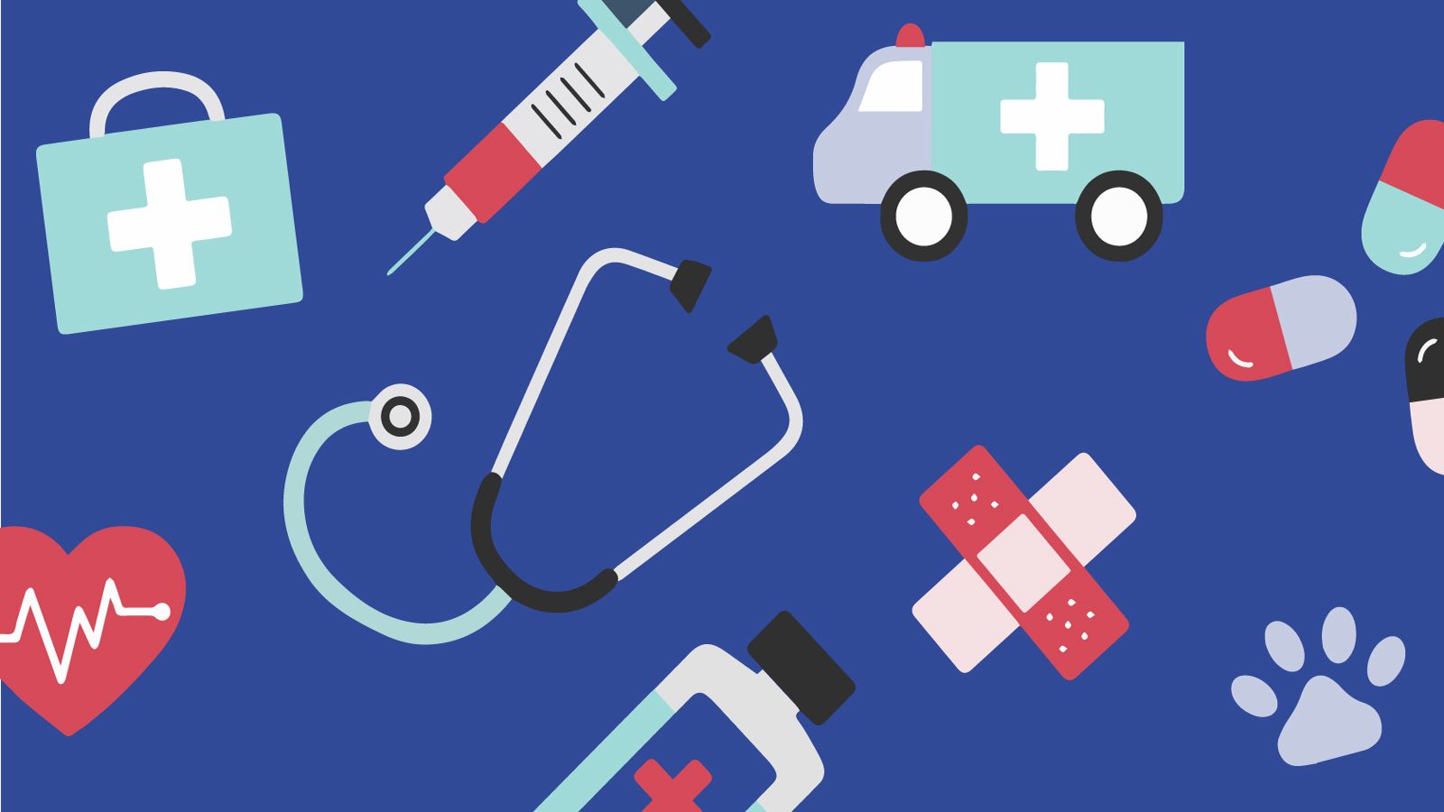 Illustration: floating icons for pre-health careers, such as a heart, stethoscope, pills, and other medical supplies