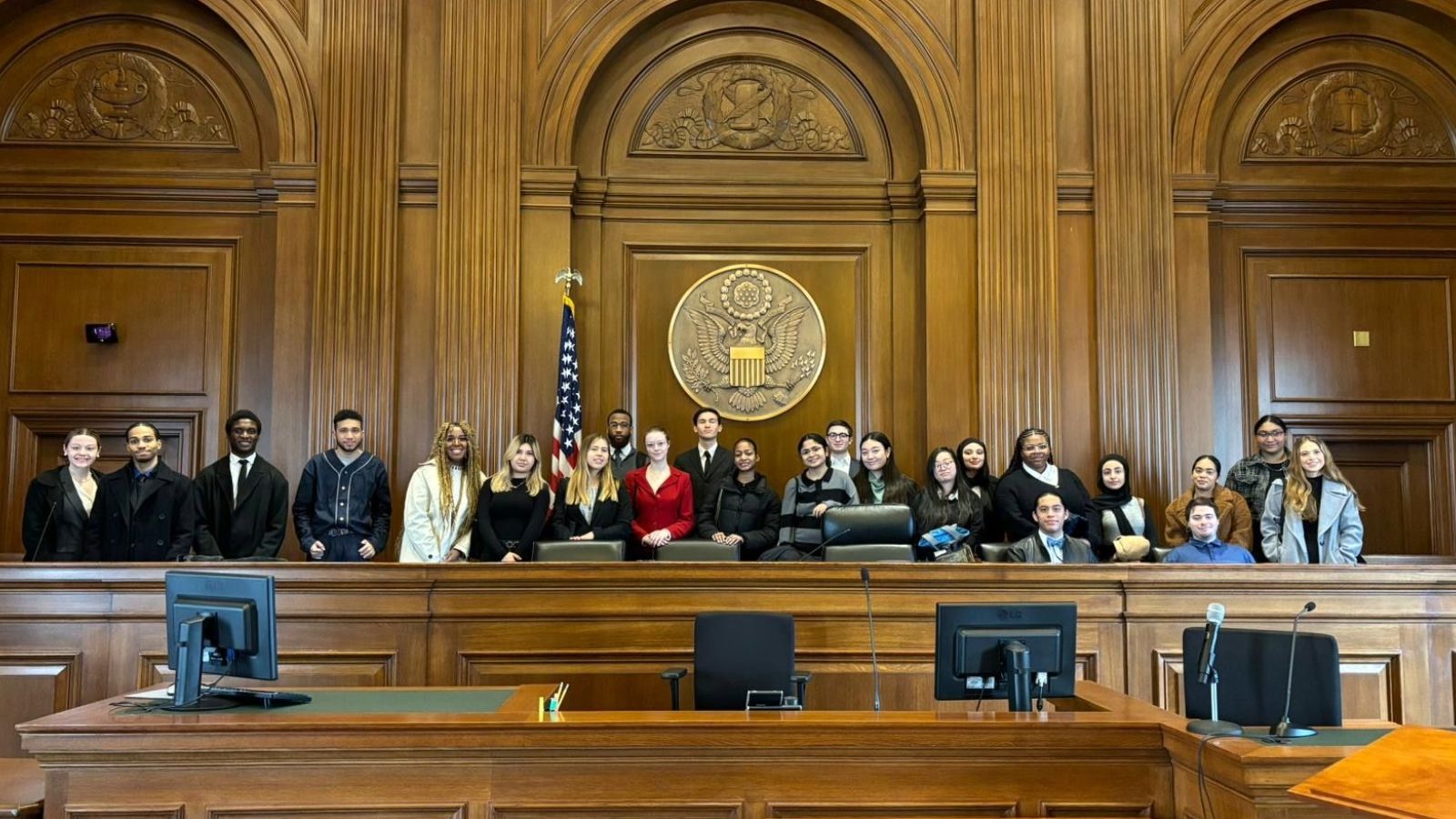 Pre-Law students group photo in the courtroom.