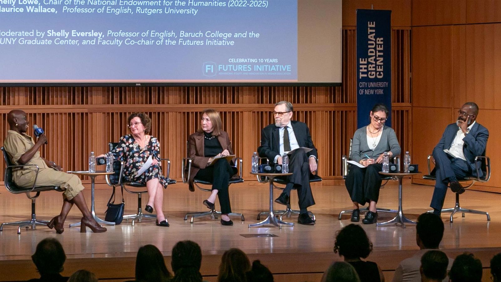 “The Future of Higher Education” at the CUNY Graduate Center featured (from left) moderator Shelly Eversley and panelists Nancy Cantor, Cathy N. Davidson, William P. Kelly, Shelly Lowe, and Maurice Wallace. (Photo credit: Paula Vlodkowsky)