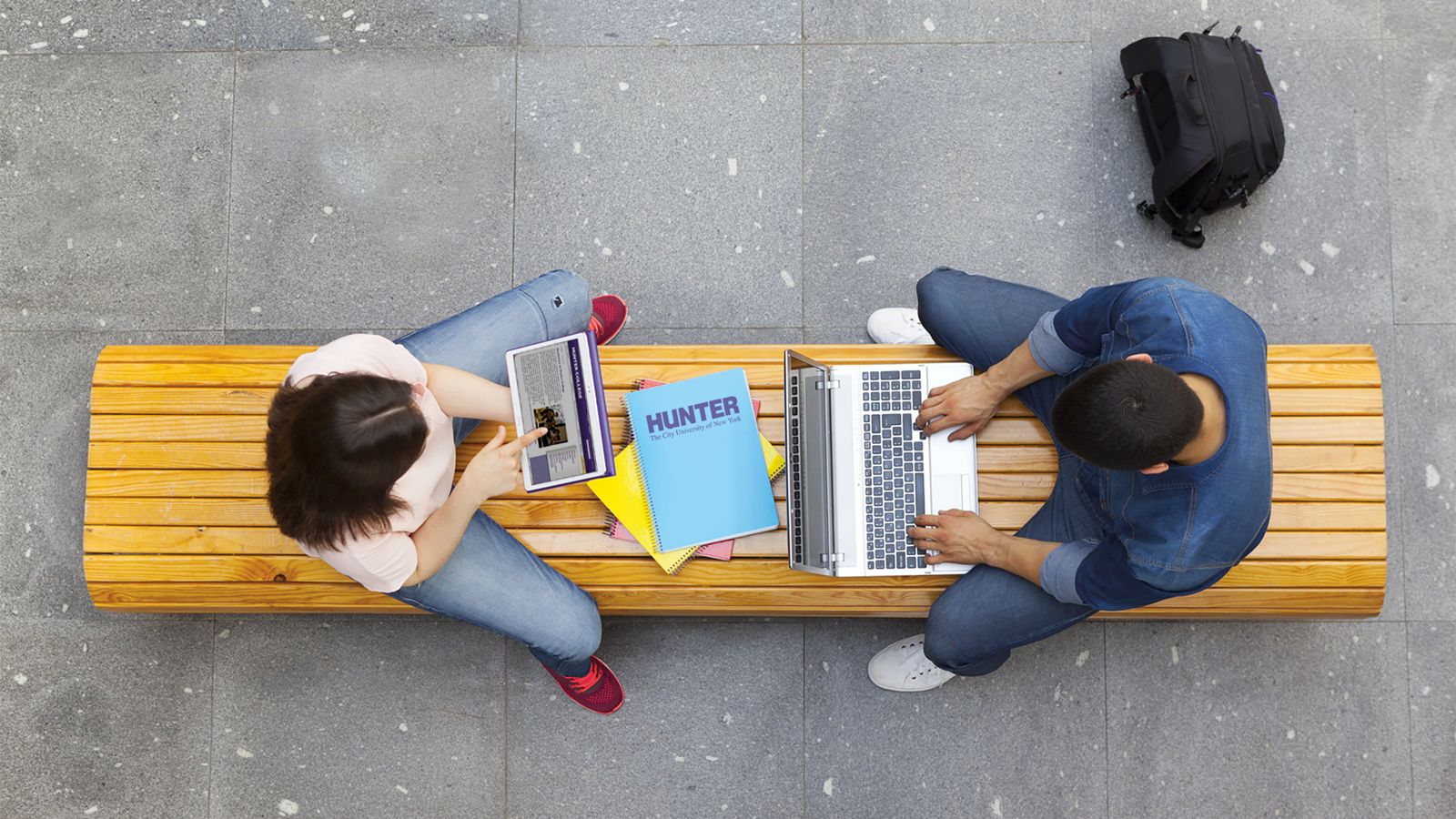 Photos show two students working in tandem on laptops to illustrate preventing procrastination