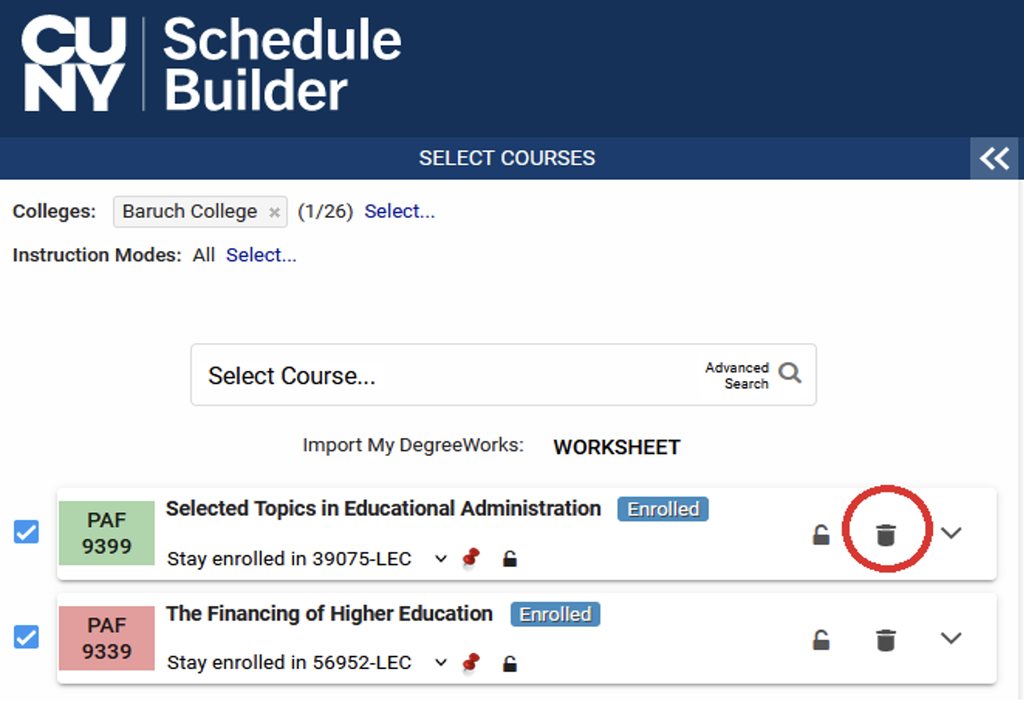 Screenshot of deleting a course in Schedule Builder