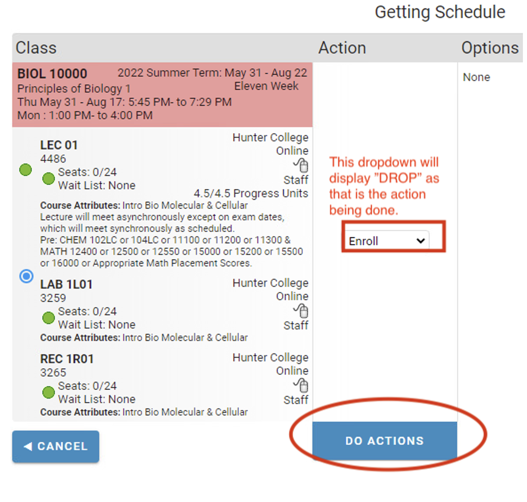 Screenshot of "Do Actions" button in Schedule Builder