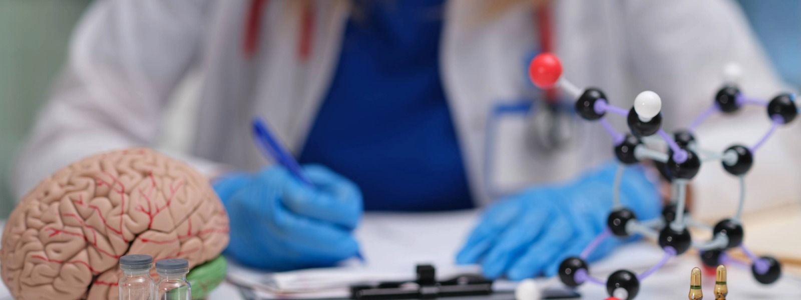 Researcher writing on their clipboard with a brain model and atom structure in their table