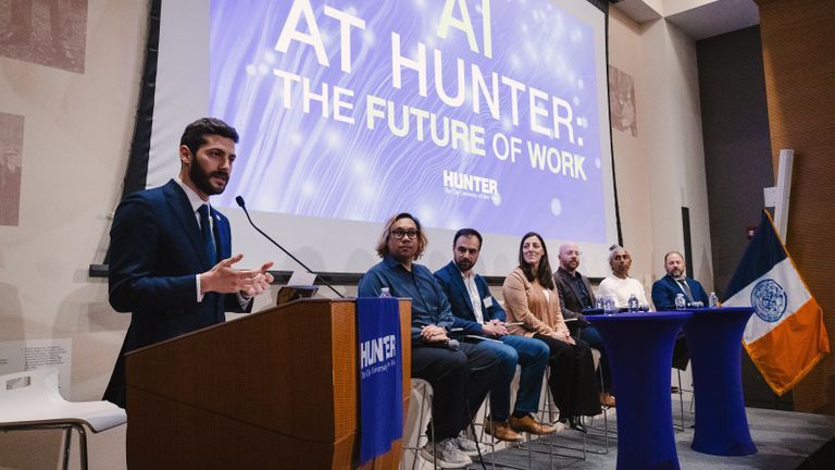 People speaking at a AI panel hosted at Hunter's Roosevelt House
