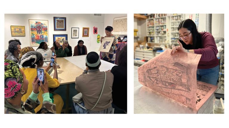 Image of an artist talking in front of a group next to an image of an artist in the process of printmaking.