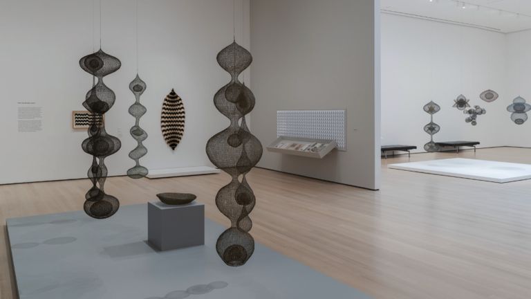 Wire sculptures hang from the ceiling at the MoMA.