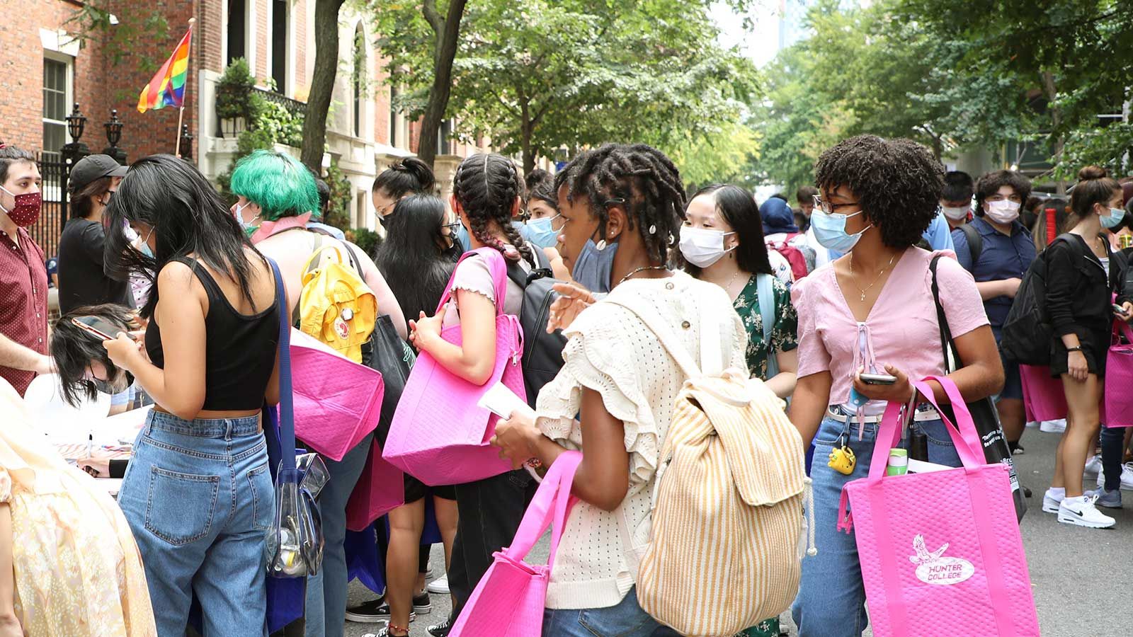 Photo of Hunter students at a club fair on 69th Street.