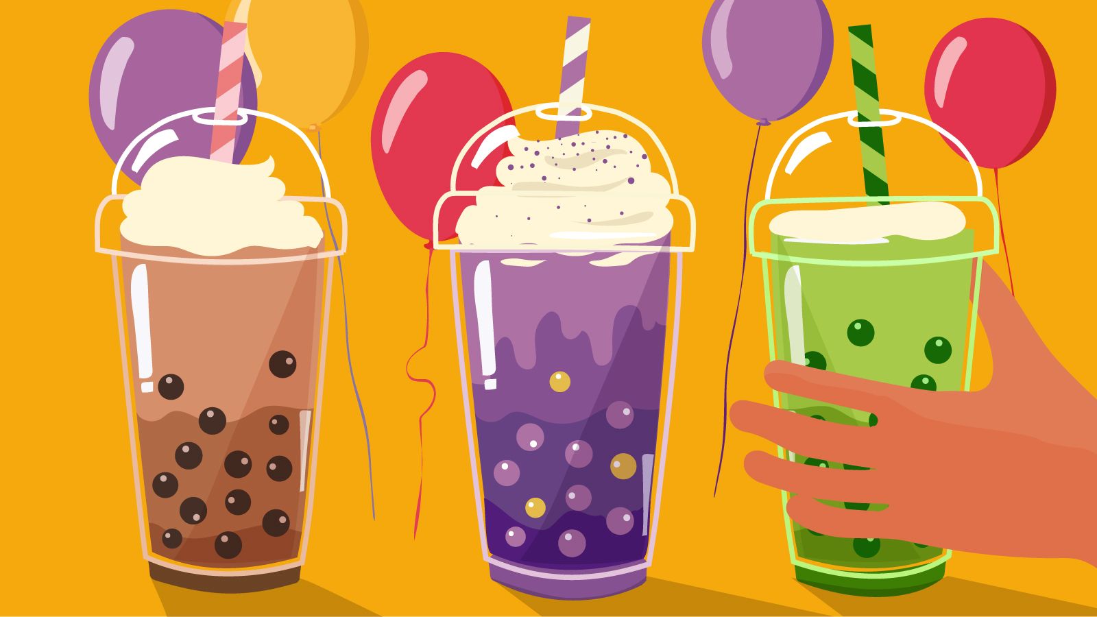 Illustration for the Welcome Party event with boba tea and balloons