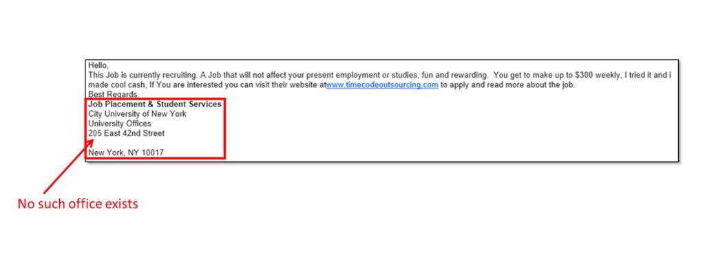 Screenshot of an email with a fake employment offer referencing a fake CUNY job placement office.