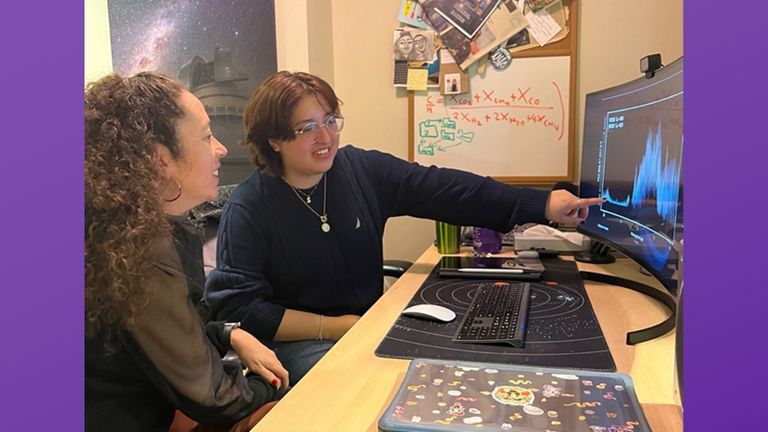Sherelyn Alejandro –Merchan ’24, right, discusses data with her adviser Jackie Faherty, senior astrophysicist at the American Museum of Natural History.