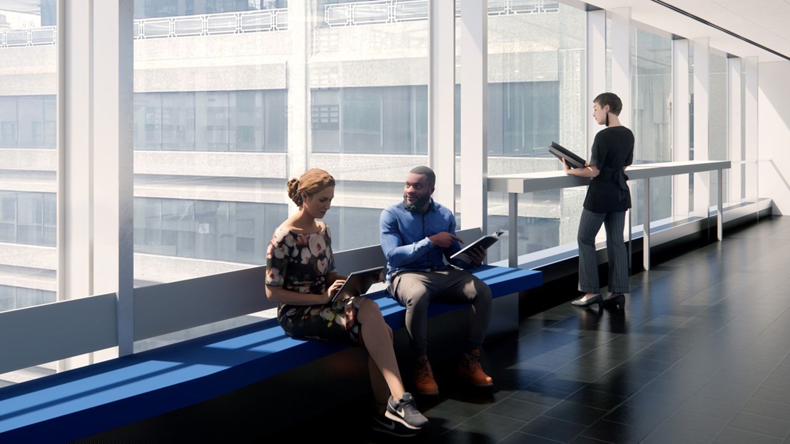 A rendering showing people sitting on new seats on Hunter's skybridge
