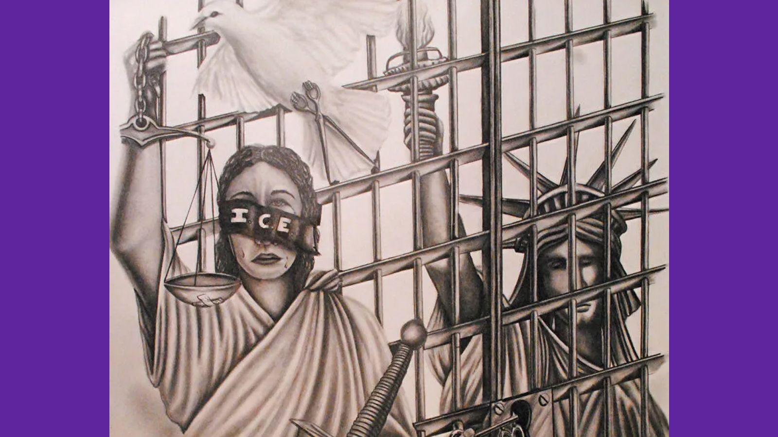 drawing of lady liberty behind bars