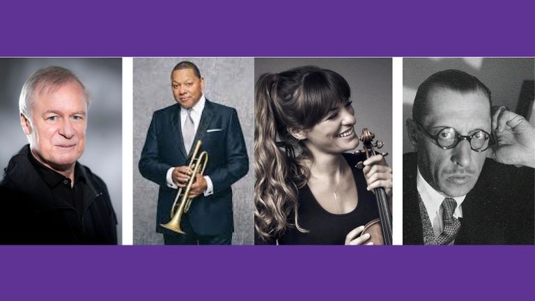 Headshots of musicians on a purple background
